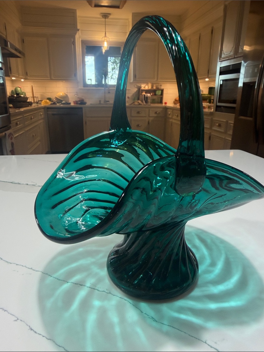 Vintage Handblown Teal Glass Basket with Sculpted Handle